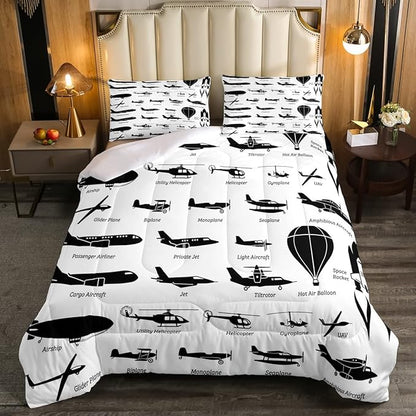 Erosebridal Airplane Comforter Set Queen,Black White Airplanes Bedding Set Space Rocket Aircraft Down Comforter for Boys Kids Teens Room Decor,Helicopter Biplane Quilt Duvet Sets with 2 Pillow Cases