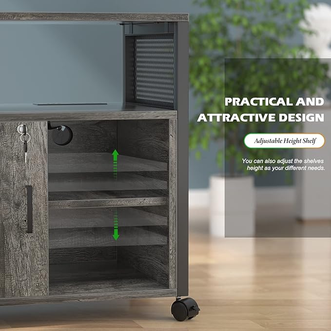 Unikito Rolling File Cabinet Lateral Office Filing Cabinets with Socket and USB Charging Port, Modern Printer Stand on Wheels Printer Cabinet with Door and Open Storage, Lockable, Black Oak