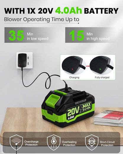 HARDELL Leaf Blower Cordless, 20V Electric Leaf Blower with Battery and Charger, 280 MPH Powerful Battery Powered Leaf Blower for Lawn Care, Patio, Yard, Side Walk, Snow Blowing