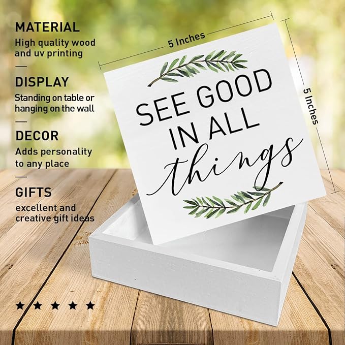 Home Office Desk Wooden Box Sign Decor, See Good in All Things, Inspirational Quotes Desk Decor Motivational Desk Decorations for Women Men Student Office Classroom School