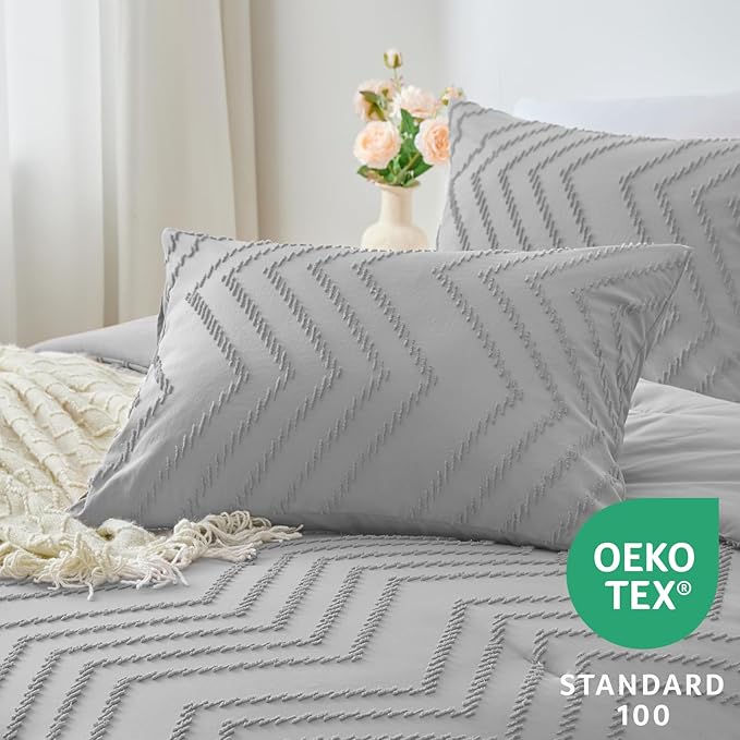 CozyLux Queen Comforter Set Light Grey - 3 Pieces Boho Tufted Shabby Chic Bedding Comforter Set for All Seasons, Chevron Bedding Sets with Comforter & 2 Pillow Shams