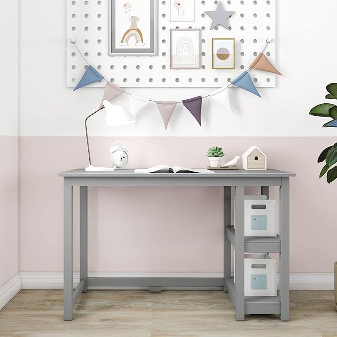 Max & Lily Solid Wood Desk With Shelves, 47 Inches, Grey