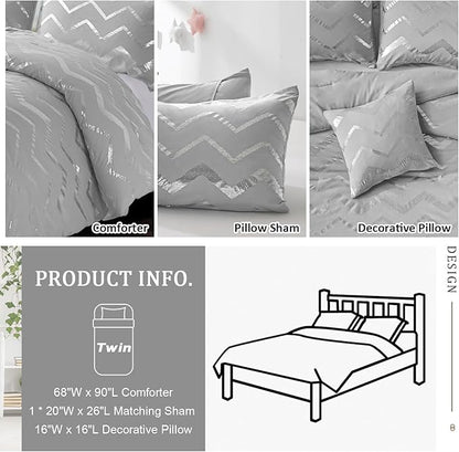 Grey and Silver Comforter Set Twin Size Metallic Print Geometric Bedding Set Lightweight Microfiber Comforter for Teen Girls Boys Women (1 Pillow Sham + 1 Decorative Pillow Sham)