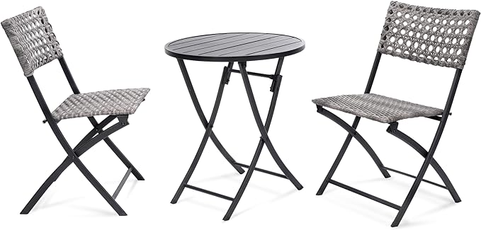 BACKYARD EXPRESSIONS PATIO · HOME · GARDEN 3 Pc 3 Piece Folding Outdoor Bistro, Wicker Furniture Table and Chairs for Garden, Backyard, Porch, Patio Conversation Set, Grey/Black