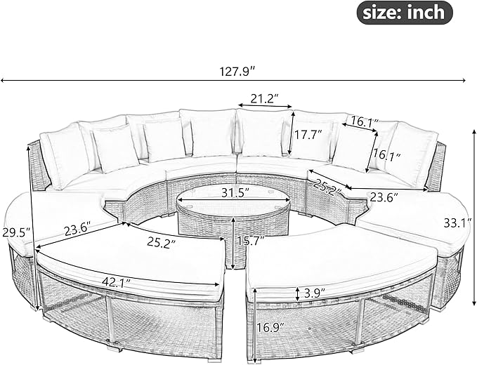 9-Pieces Outdoor Patio Furniture Set, Rattan Wicker Circular Sectional Sofa with Storage, Tempered Glass Table and 6 Pillows, Garden Lawn Half Moon Conversation Couch, Grey