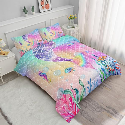 Datura home Bedding Comforter Set Rainbow Pink Mermaid Tail Printed Pattern Quilt with 1 and 2 Pillowcases for Girls Bedroom All Season(Rainbow Queen) Queen 90x90inches