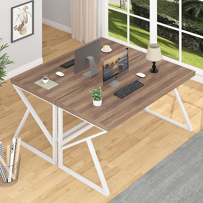 HSH Farmhouse Computer Desk, Large Home Office PC Desk, Modern Simple Metal Wood Desk Workstation for Executive Writing Study, Rustic Long Bedroom Living Room Table, White and Rustic Oak, 60 Inch