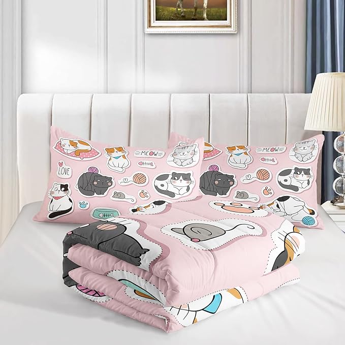 CVHOUSE Cat Bedding,Cartoon Cat Comforter Queen,Animals Print Comforter Set for Kids,Kawaii Quilt Set with 1 Comforter and 2 Pillow Cases