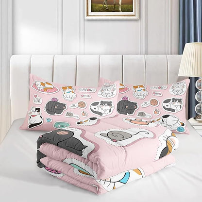 CVHOUSE Cat Bedding,Cartoon Cat Comforter King,Animals Print Comforter Set for Kids,Kawaii Quilt Set with 1 Comforter and 2 Pillow Cases