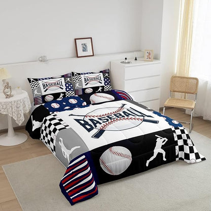 Kids Baseball Comforter Set Full Size Bed,Teen Boys Sports Baseball Bedding Set Sport Baseball Quilt Set Patchwork Geometric Checkered Soft Lightweight Comforter Balck White Navy Blue 2 Pillowcases