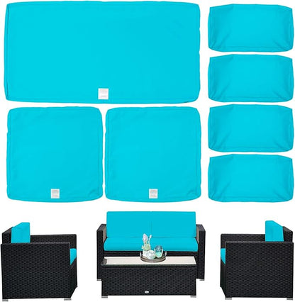 ClawsCover 7Pack Outdoor Seat and Back Cushions Replacement Covers Fits for 4-Seater 4Pieces Wicker Rattan Patio Conversation Set Sectional Couch Chair Furniture,Turquoise-Include Cover Only