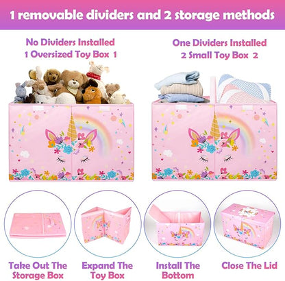 Large Toy Box Chest, Collapsible Sturdy Toy Storage Organizer for Kids, Boys, Girls, 25"x13"x16" Toy Chest Storage Bins with Lids Toy Bins Baskets Boxes for Living Room, Playroom, Nursery, Pink