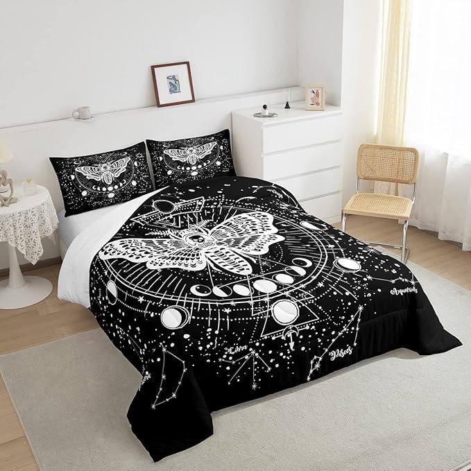 Kids Boho Moth Comforter Set King Boys Gothic Skull Bedding Set for Men Women Bedroom Decor Bohemian Moon Starry Sky Comforter Exotic Moth Skull Skeleton Bones Duvet Set Teens Quilt Set, Black White