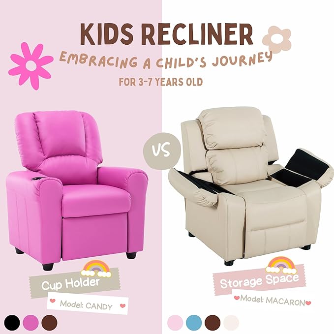 JC Home MACARON Kids Chair Leather Recliner Sofa Toddler Youth Children Child Ages 3-7, Cream