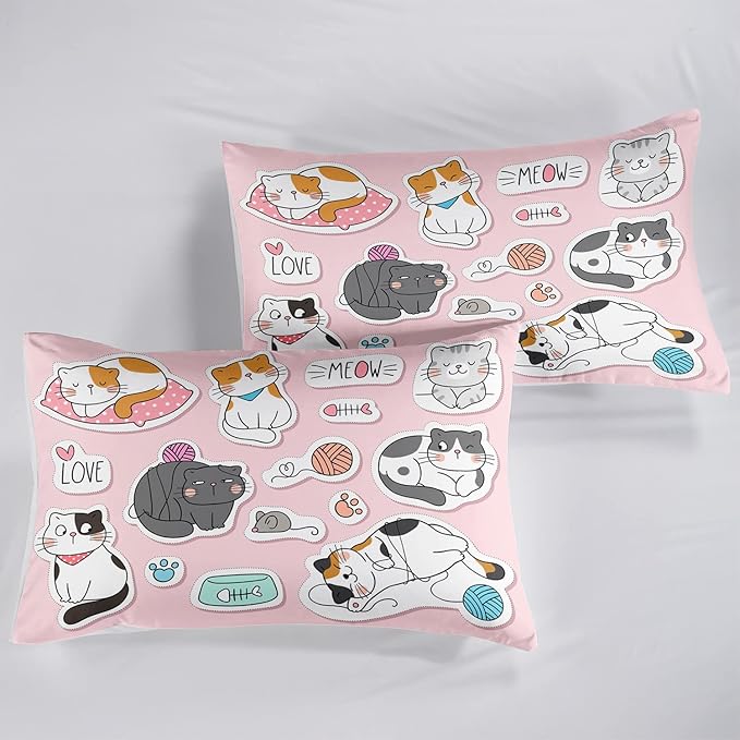CVHOUSE Cat Bedding,Cartoon Cat Comforter King,Animals Print Comforter Set for Kids,Kawaii Quilt Set with 1 Comforter and 2 Pillow Cases