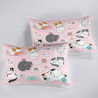 CVHOUSE Cat Bedding,Cartoon Cat Comforter Full,Animals Print Comforter Set for Kids,Kawaii Quilt Set with 1 Comforter and 2 Pillow Cases