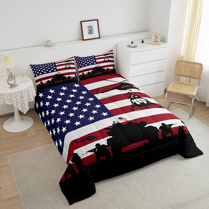 American Flag Comforter Set Soldier Rifle Helicopter Tank Bedding Set Red Blue Stars Stripes USA Flag Comforter Room Decor Army Guns Military Down Comforter Full Size