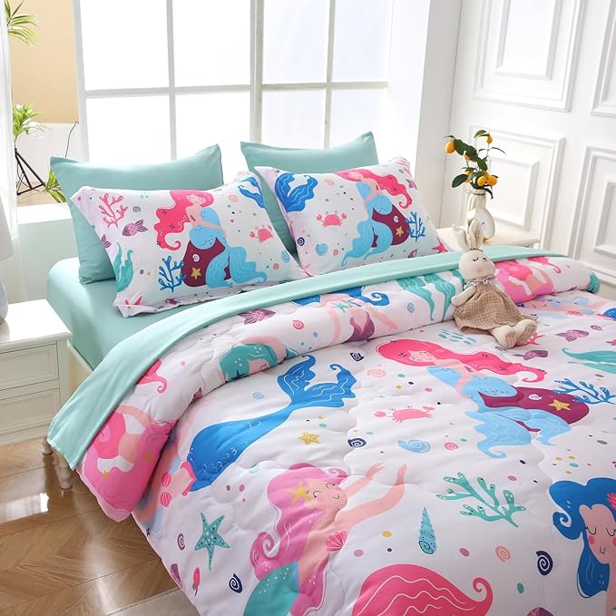 Wajade Kids Mermaids Comforter Set Bed in A Bag Twin Size 7 Piece Colorful 3D Cartoon Mermaids Bedding Set for Girls (1 Comforter, 1 Flat Sheet, 1 Fitted Sheet, 2 Pillowcase and 2 Pillow Sham)