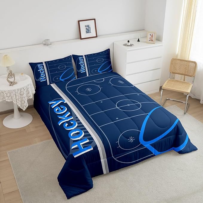 Feelyou Kids Ice Hockey Comforter Set Full Size Ice Sports Games Bedding Set for Boys Girls Teens Bedroom Decor Hockey Player Comforter Puck Hockey Duvet Set with 2 Pillow Case