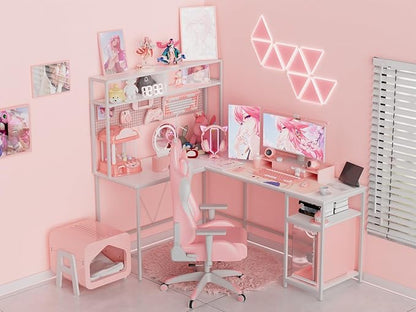 L Shaped Desk with Hutch - 67" L Shaped Gaming Desk with LED Lights, Corner Computer Desk with Storage Shelves, L Shaped Office Desk with Pegboard, White