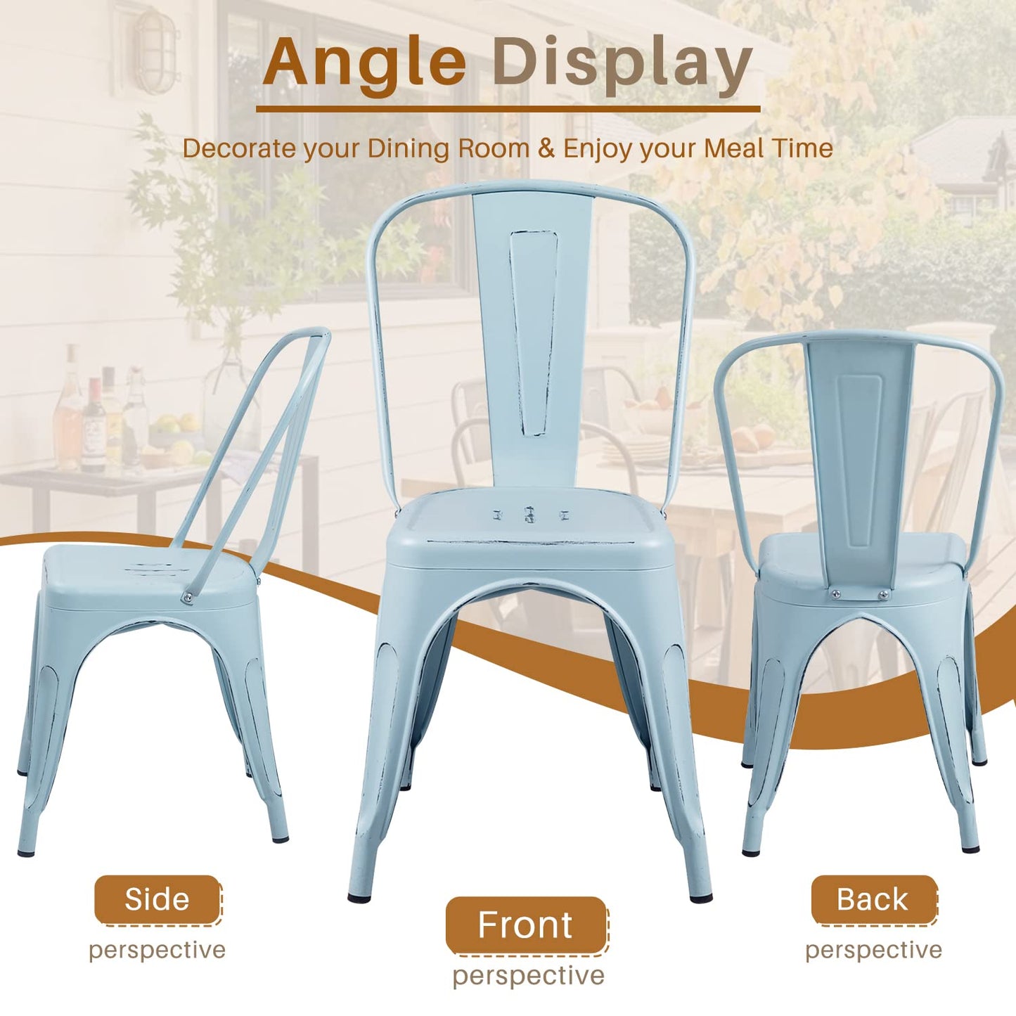 Furmax Metal Dining Chair Indoor Outdoor Use Stackable Chic Side Classic Trattoria Metal Chairs Set of 4 for Kitchen, Dining Room, Bistro and Cafe (Distressed White)