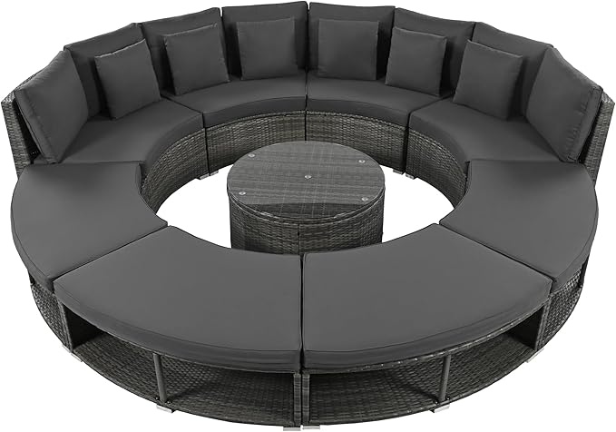 9-Pieces Outdoor Patio Furniture Set, Rattan Wicker Circular Sectional Sofa with Storage, Tempered Glass Table and 6 Pillows, Garden Lawn Half Moon Conversation Couch, Grey
