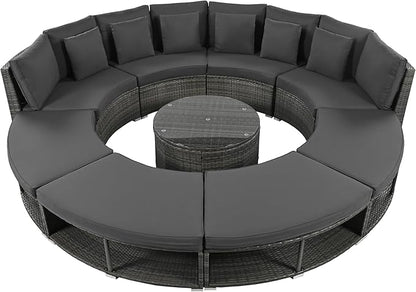 9-Pieces Outdoor Patio Furniture Set, Rattan Wicker Circular Sectional Sofa with Storage, Tempered Glass Table and 6 Pillows, Garden Lawn Half Moon Conversation Couch, Grey