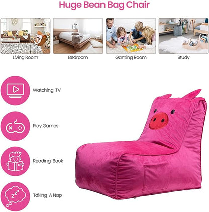 Bean Bag Chair for Kids, Cute Pig L-Shape Animal Bean Bag Sofa with Top Handles and Side Pockets, Cute Soft and Comfy Bean Bag Chair with Filler Included, Ages 1+ Children's Day Gifts