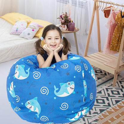 Stuffed Animal Storage Bean Bag Chair Cover, Hold Kids Plush Toys Blankets Towels Beanbag (Cover Only), Canvas Floor Circle Stuff Sit Seat Sofa with YKK Zipper, Extra Large 38", Blue Shark