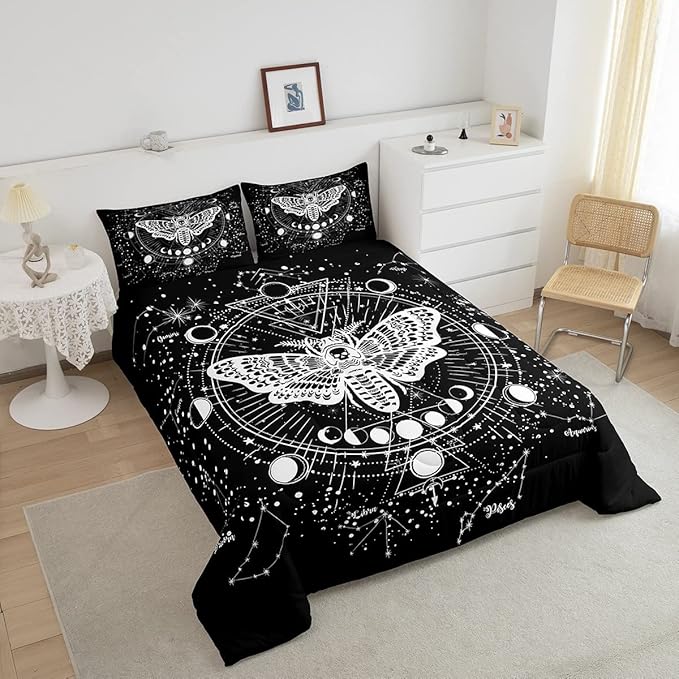 Kids Boho Moth Comforter Set Queen Boys Gothic Skull Bedding Set For Men Women Bedroom Decor Bohemian Moon Starry Sky Comforter Exotic Moth Skull Skeleton Bones Duvet Set Teens Quilt Set, Black White