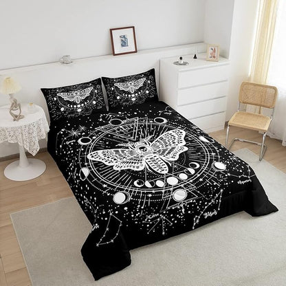 Erosebridal Bohemian Moth Comforter Halloween Skull Bedding Set Full Size Sun Moon Constellation Duvet Set for Kids Boys Girls Teens Gift Gothic Moth Skull Skeleton Bones Lightweight Down Comforter