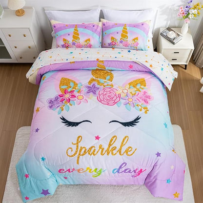 NTBED Unicorn Full Comforter Set with Sheets,5 Pieces Kids Bedding Sets for Girls, Lightweight Microfiber Star Rainbow Bed in a Bag,Blue Purple