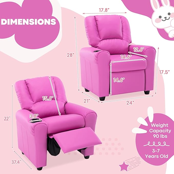 JC HOME CANDY Kids Chair Leather Recliner Sofa Toddler Youth Children Child Ages 3-7, Blush Pink