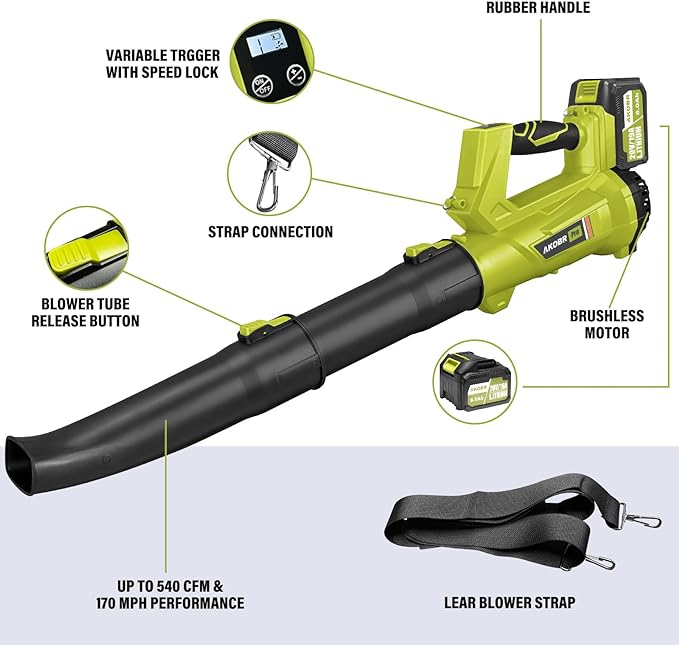 Cordless Leaf Blower,540CFM/170MPH Electric Leaf Blower with 2 * 6.0Ah Battery and Fast Charger, 6 Speed Mode and Turbo Mode Leaf Blower, 20V Battery Powered Leaf Blowers for Lawn Care and Patio