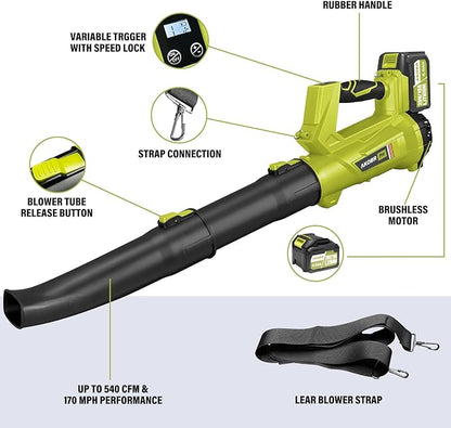 Cordless Leaf Blower,540CFM/170MPH Electric Leaf Blower with 2 * 6.0Ah Battery and Fast Charger, 6 Speed Mode and Turbo Mode Leaf Blower, 20V Battery Powered Leaf Blowers for Lawn Care and Patio