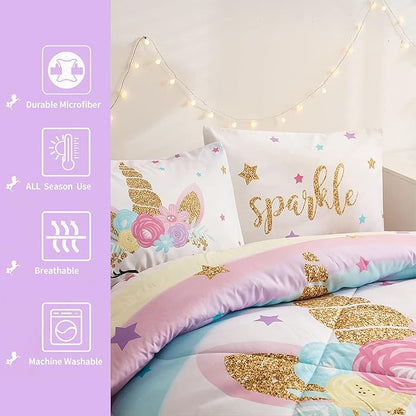 Full Size Comforter Set for Girls, 5-Piece Bed in a Bag, 3D Colorful Unicorn Bedding Comforter Sheet Set, Ultra Soft and Fluffy, Pink & Rainbow Color