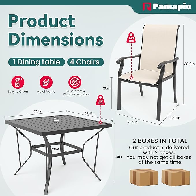 Pamapic 5 Pieces Patio Dining Set, Outdoor Dining Set for Garden Backyard Poolside Deck,Outdoor Table and Chairs Set with 4 Textilene Chairs,Beige