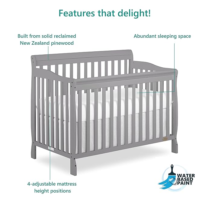 Dream On Me Ashton 4-In-1 Convertible Crib In Storm Grey, Greenguard Gold, JPMA Certified, Non-Toxic Finishes, Features 4 Mattress Height Settings, Made Of Solid Pinewood