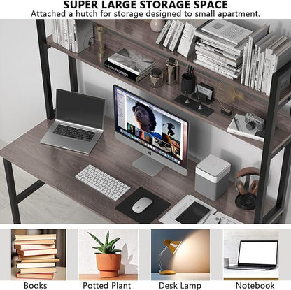 Aquzee Desk with Hutch Bookshelves, Computer Desk with 3 Tiers Storage Shelves, Space Saving Design Black Metal Legs Desk with Grey Board, Easy Assemble