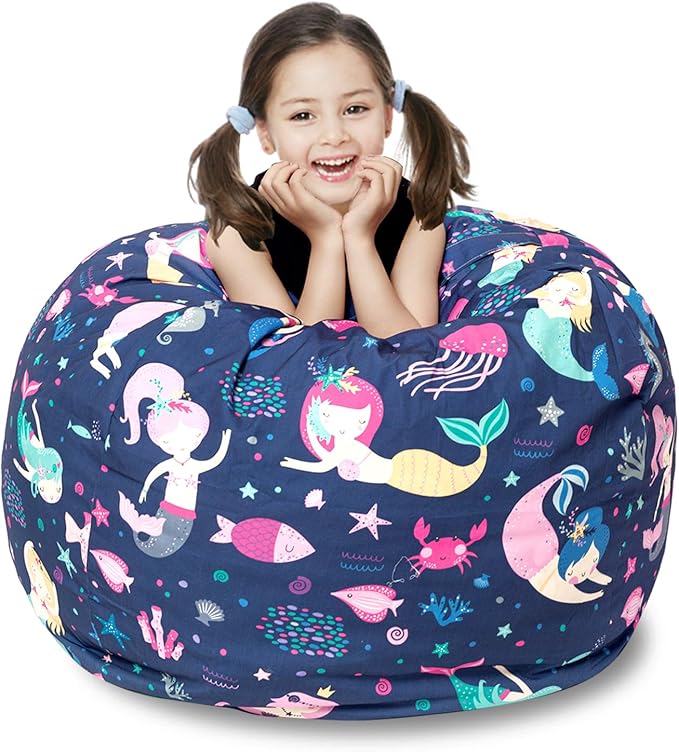 Stuffed Animal Storage Bean Bag Chair Cover, Hold Kids Plush Toys Blankets Towels Beanbag (Cover Only), Canvas Floor Circle Stuff Sit Seat Sofa with YKK Zipper, Extra Large 38", Mermaid
