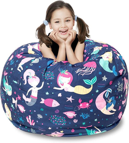 Stuffed Animal Storage Bean Bag Chair Cover, Hold Kids Plush Toys Blankets Towels Beanbag (Cover Only), Canvas Floor Circle Stuff Sit Seat Sofa with YKK Zipper, Extra Large 38", Mermaid