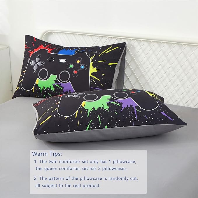 KAKKI 4 Piece Boys Twin Gamer Comforter Set with Sheets, 3D Colorful Video Game Controller Comforter for Kids Teen, All Season Soft Microfiber Gaming Bedding Set(Black,Twin)