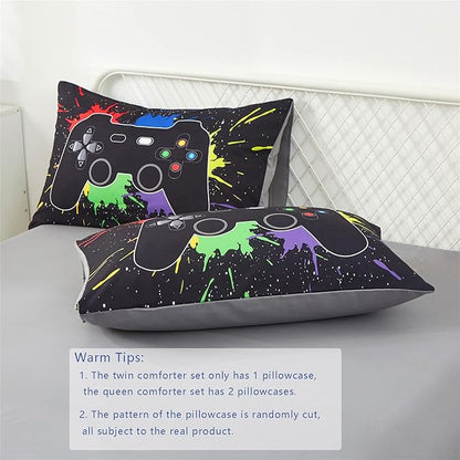 KAKKI 4 Piece Boys Twin Gamer Comforter Set with Sheets, 3D Colorful Video Game Controller Comforter for Kids Teen, All Season Soft Microfiber Gaming Bedding Set(Black,Twin)