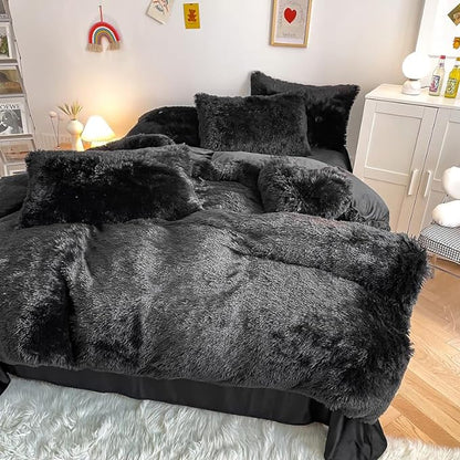 Faux Fur Kids Girls Black Comforter Sets Queen - 3PC Bed Set Warm Comfortable Soft Plush Flannel Velvet Fluffy Fuzzy Bedding（Comforter x 1 Pillowcases x 2）