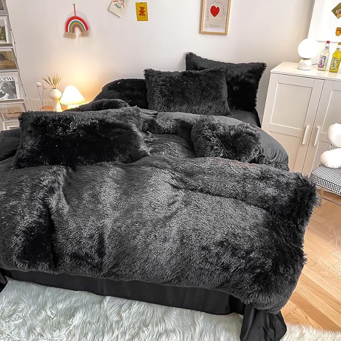 Faux Fur Kids Girls Black Comforter Sets King - 3PC Bed Set Warm Comfortable Soft Plush Flannel Velvet Fluffy Fuzzy Bedding（Comforter x 1 Pillowcases x 2）