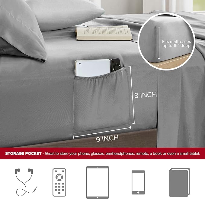Comfort Spaces Queen Comforter Sets with Sheets - Bed in a Bag 9 Pieces Teen Bedding Sets Queen, Red and Grey Stripes Bedding Queen, College Queen Bed Set with 2 Side Pockets Bedroom Organizer