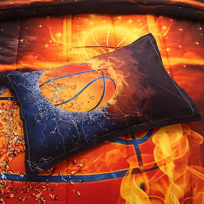 Btargot Twin Basketball and Fire Quilt Set Bedding Sets, 3D Sports Themed Bedding, All-Season Reversible Quilted Duvet, for Children Boy Girl Teen Kids - includes 1 Comforter, 2 Pillow Sham