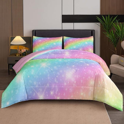 NINENINE Pink Rainbow Bedding Set Girls Bedding Set Queen for Teen Boys Women Soft Microfiber Stars Glitter Bedding Comforter Set -includes 1 Comforter with Matching Pillowcases