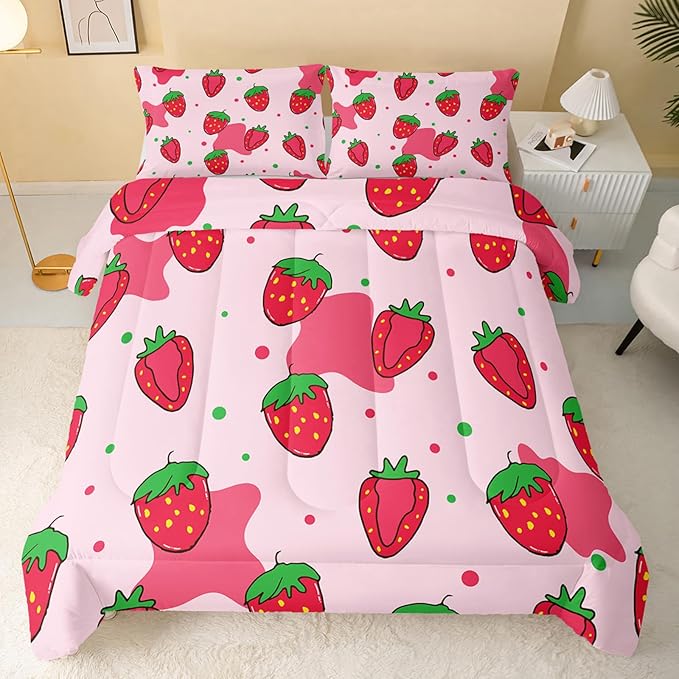 Kawaii Comforter Queen,Pink Strawberry Comforter Set for Kids Teens Girls,3Pcs Bedding Set Printed Comforter with 2 Pillowcases,Down Alternative,Soft and Lightweight，Queen Size