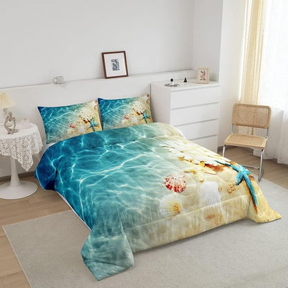 Ocean Comforter Set King Beach Bedding Coastal Nature Theme Pattern Teal Duvet Set Boys Girls Hawaiian Quilt Sets Sea Wave Animals Starfish Reversible Comforter Set 2 Pillowcases, Blue Room Decor